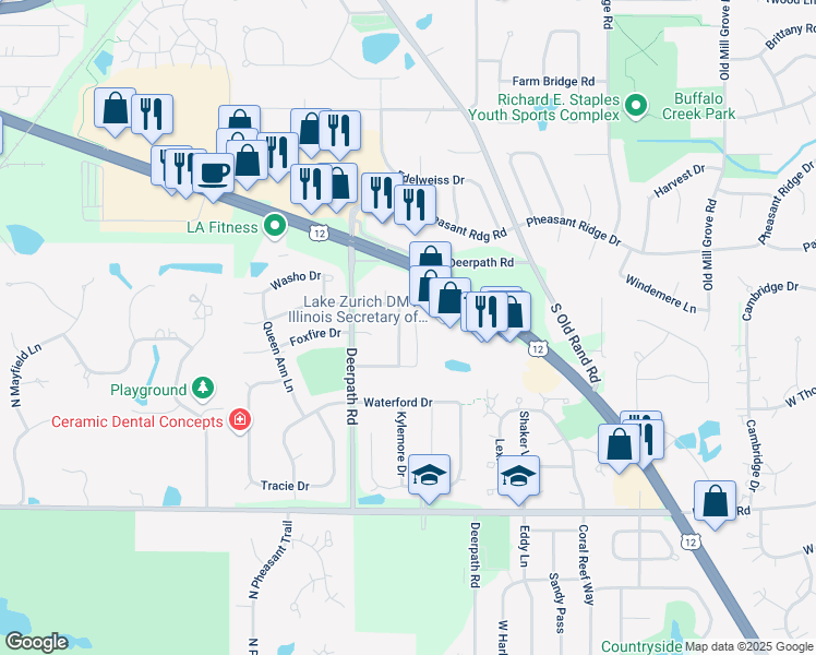 map of restaurants, bars, coffee shops, grocery stores, and more near 336 Denberry Drive in Lake Zurich