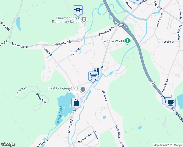 map of restaurants, bars, coffee shops, grocery stores, and more near 22 High Street in Millbury