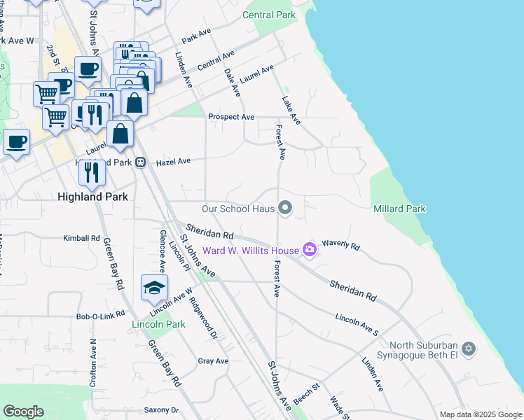 map of restaurants, bars, coffee shops, grocery stores, and more near 344 Ravine Drive in Highland Park