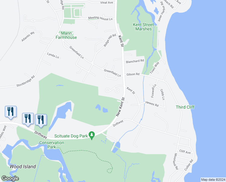 map of restaurants, bars, coffee shops, grocery stores, and more near 65 North River Road in Scituate