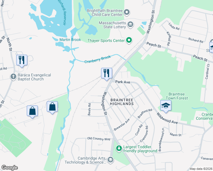 map of restaurants, bars, coffee shops, grocery stores, and more near 1701 Washington Street in Braintree