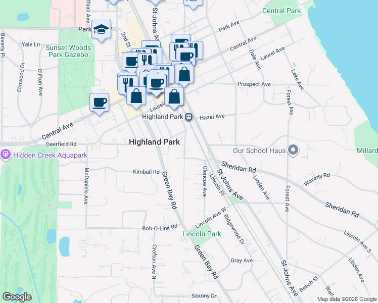 map of restaurants, bars, coffee shops, grocery stores, and more near 632 La Salle Place in Highland Park