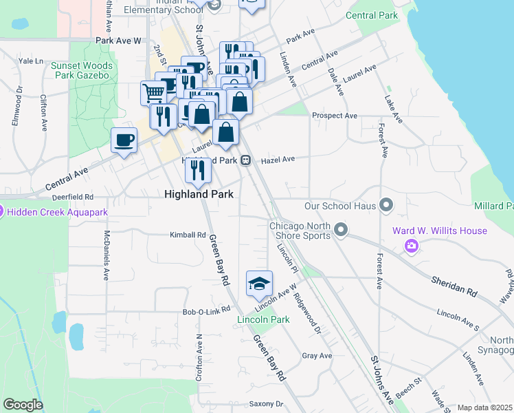 map of restaurants, bars, coffee shops, grocery stores, and more near 601 Mulberry Place in Highland Park
