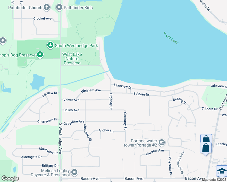 map of restaurants, bars, coffee shops, grocery stores, and more near 625 South Shore Drive in Portage