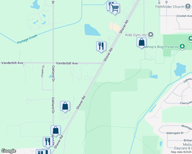 map of restaurants, bars, coffee shops, grocery stores, and more near 9350 Shaver Road in Portage