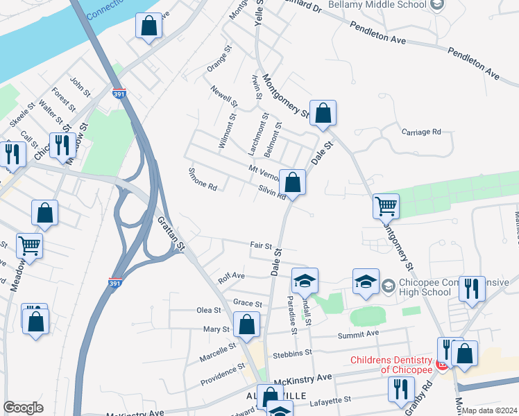 map of restaurants, bars, coffee shops, grocery stores, and more near 15 Suzanne Street in Chicopee