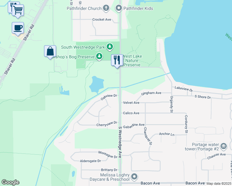 map of restaurants, bars, coffee shops, grocery stores, and more near 9308 Oakview Drive in Portage