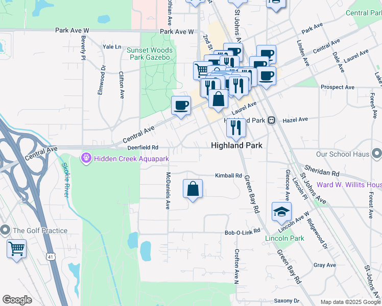 map of restaurants, bars, coffee shops, grocery stores, and more near 844 Deerfield Road in Highland Park