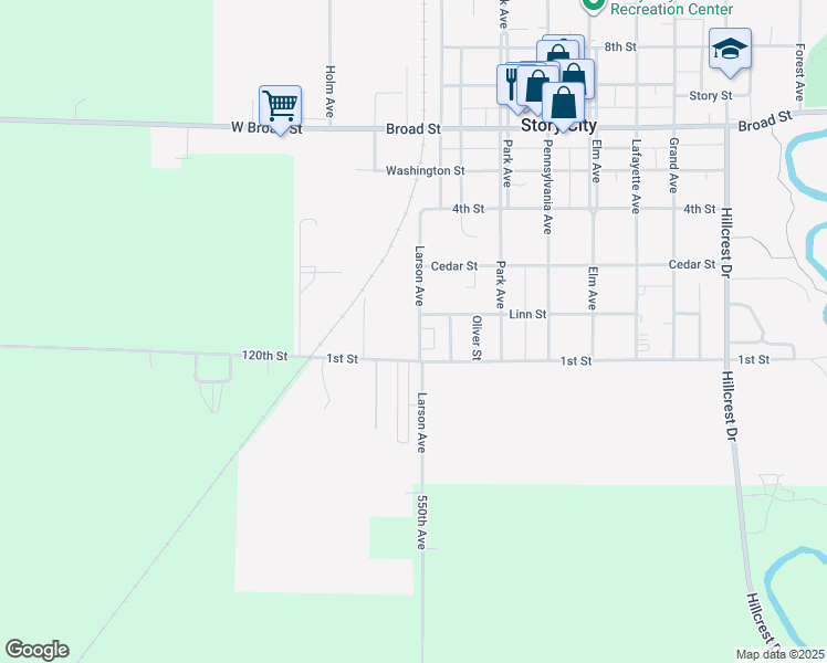 map of restaurants, bars, coffee shops, grocery stores, and more near 130 Larson Avenue in Story City