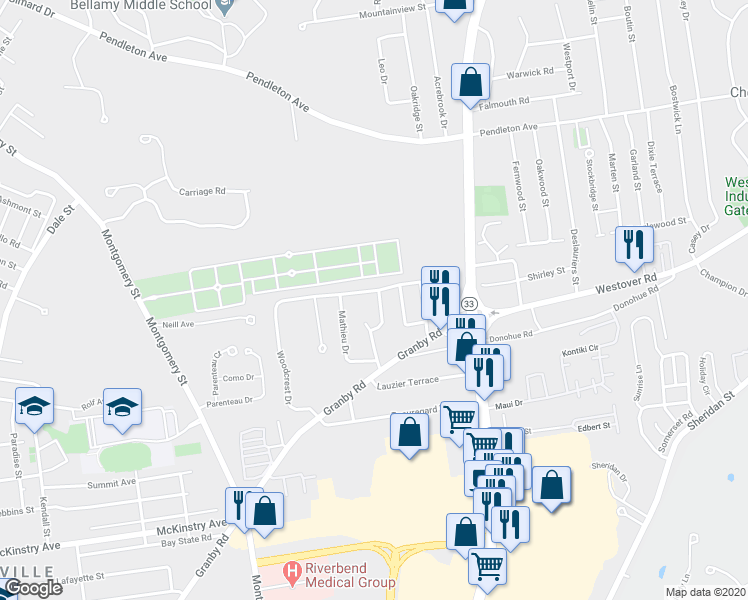 map of restaurants, bars, coffee shops, grocery stores, and more near 104 Bardon Street in Chicopee