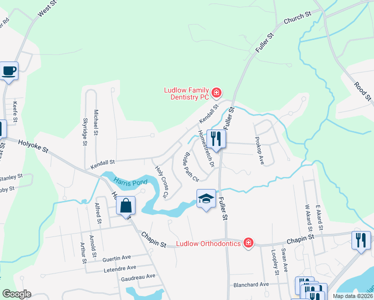 map of restaurants, bars, coffee shops, grocery stores, and more near 153 Bridle Path Circle in Ludlow