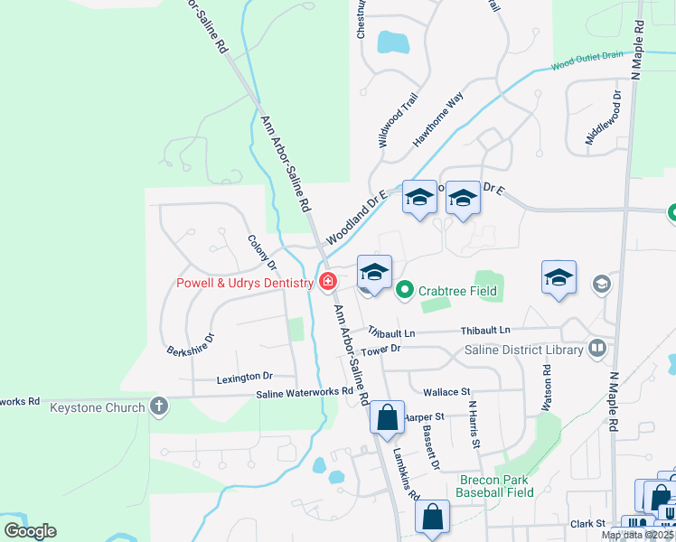 map of restaurants, bars, coffee shops, grocery stores, and more near 7215 Ann Arbor-Saline Road in Saline