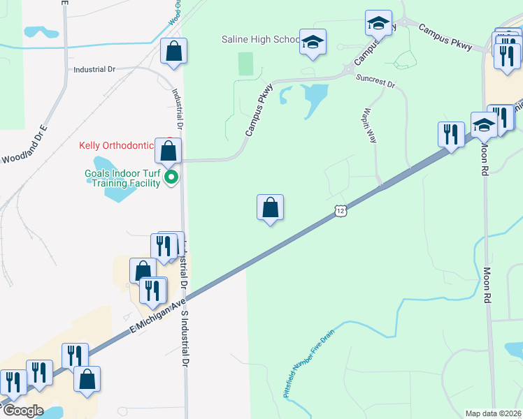 map of restaurants, bars, coffee shops, grocery stores, and more near 7370 East Michigan Avenue in Saline