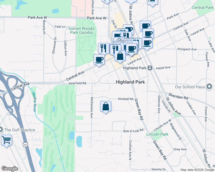 map of restaurants, bars, coffee shops, grocery stores, and more near 844 Deerfield Road in Highland Park