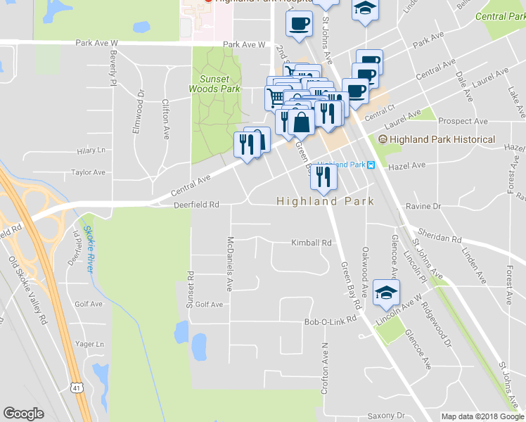 map of restaurants, bars, coffee shops, grocery stores, and more near 844 Deerfield Road in Highland Park