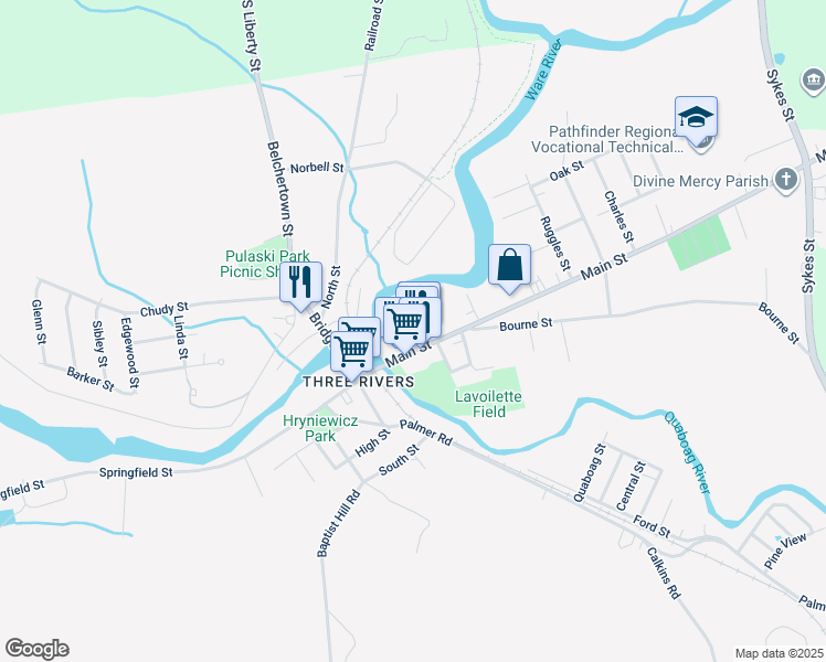 map of restaurants, bars, coffee shops, grocery stores, and more near 13 Lariviere Avenue in Palmer