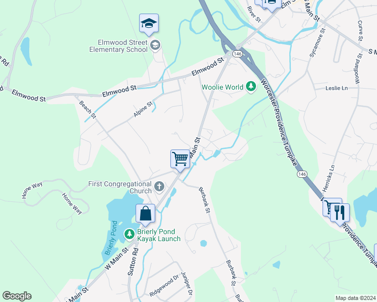 map of restaurants, bars, coffee shops, grocery stores, and more near 4 High Street in Millbury