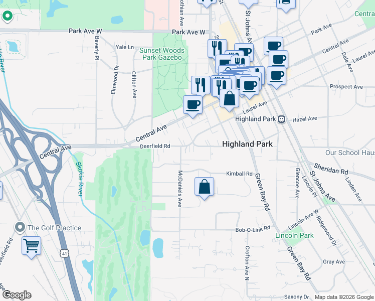 map of restaurants, bars, coffee shops, grocery stores, and more near 898 Deerfield Road in Highland Park