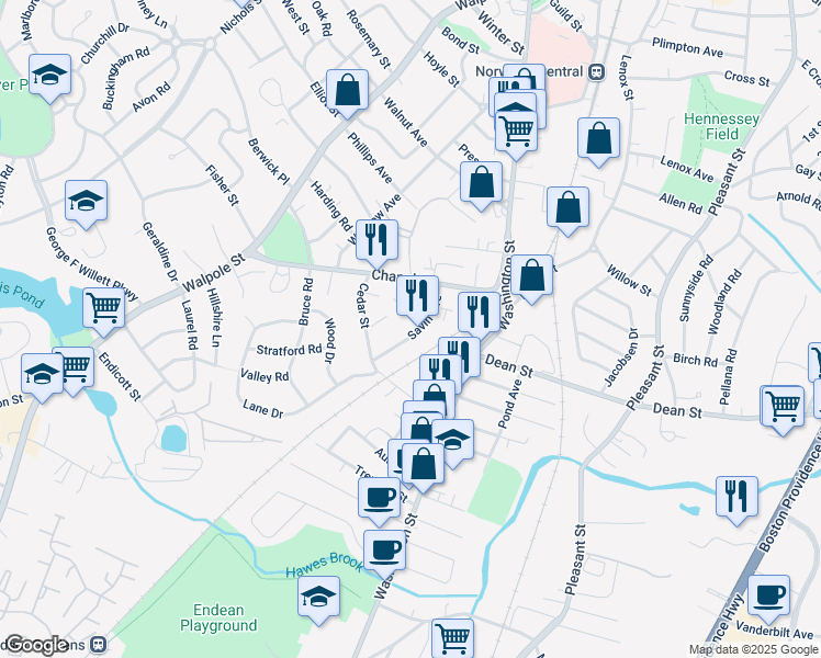 map of restaurants, bars, coffee shops, grocery stores, and more near 38 Savin Avenue in Norwood