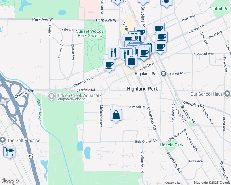 map of restaurants, bars, coffee shops, grocery stores, and more near 844 Deerfield Road in Highland Park