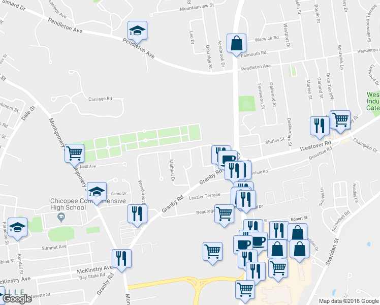 map of restaurants, bars, coffee shops, grocery stores, and more near 132 Bardon Street in Chicopee