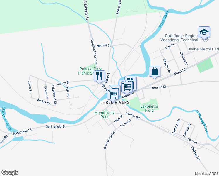 map of restaurants, bars, coffee shops, grocery stores, and more near 2033 Bridge Street in Palmer