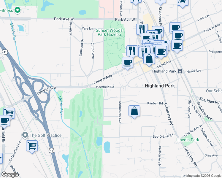 map of restaurants, bars, coffee shops, grocery stores, and more near 964 Deerfield Road in Highland Park