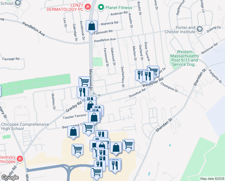 map of restaurants, bars, coffee shops, grocery stores, and more near 1612 Westover Road in Chicopee