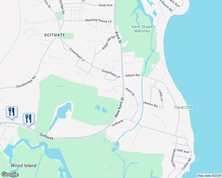 map of restaurants, bars, coffee shops, grocery stores, and more near 58 North River Road in Scituate