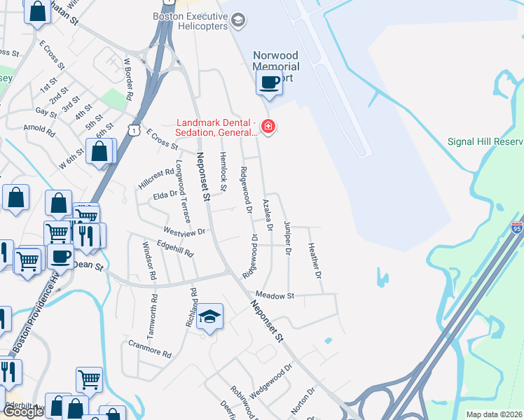 map of restaurants, bars, coffee shops, grocery stores, and more near 116 Azalea Drive in Norwood