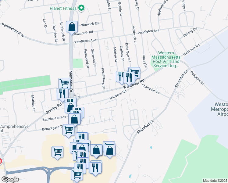 map of restaurants, bars, coffee shops, grocery stores, and more near 1687 Westover Road in Chicopee