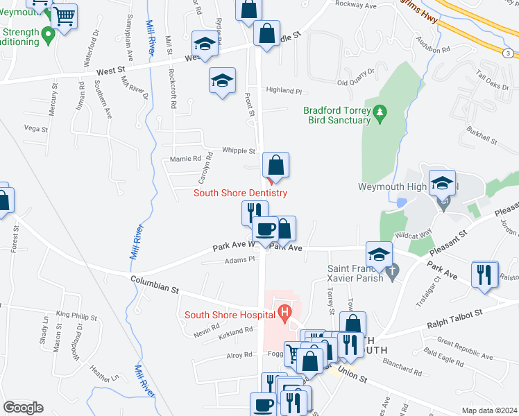 map of restaurants, bars, coffee shops, grocery stores, and more near 15 Dunbar Road in Weymouth