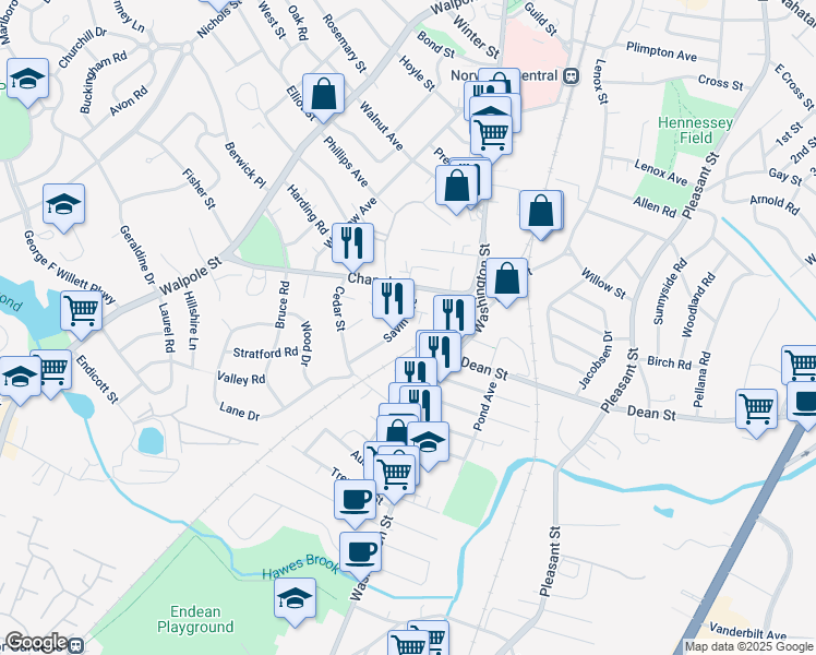 map of restaurants, bars, coffee shops, grocery stores, and more near 38 Savin Avenue in Norwood