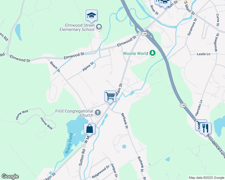 map of restaurants, bars, coffee shops, grocery stores, and more near 4 High Street in Millbury