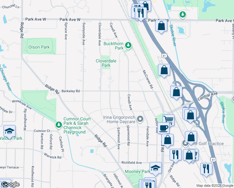 map of restaurants, bars, coffee shops, grocery stores, and more near 1580 Sherwood Road in Highland Park
