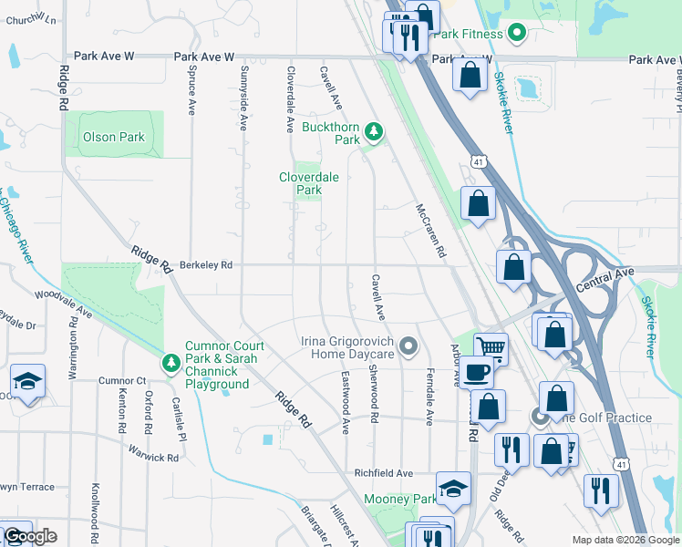 map of restaurants, bars, coffee shops, grocery stores, and more near 1580 Sherwood Road in Highland Park