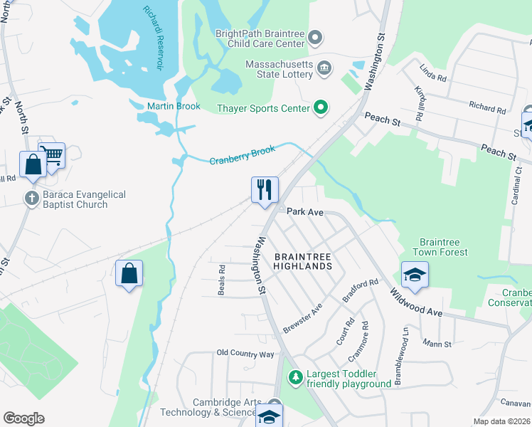 map of restaurants, bars, coffee shops, grocery stores, and more near 1701 Washington Street in Braintree