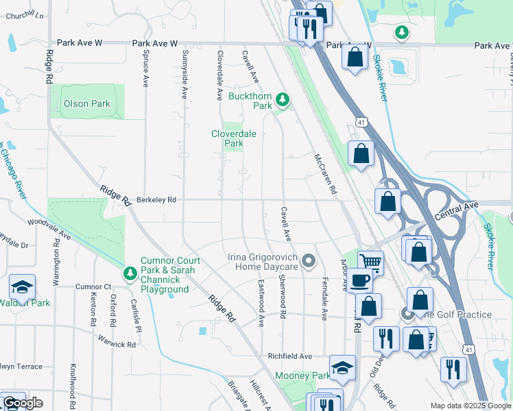 map of restaurants, bars, coffee shops, grocery stores, and more near 1580 Sherwood Road in Highland Park