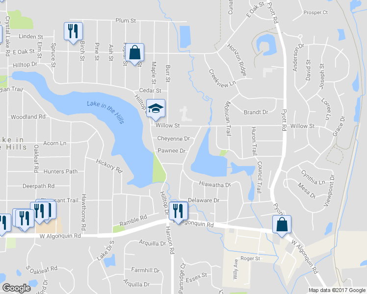 map of restaurants, bars, coffee shops, grocery stores, and more near 521 Pawnee Drive in Lake in the Hills