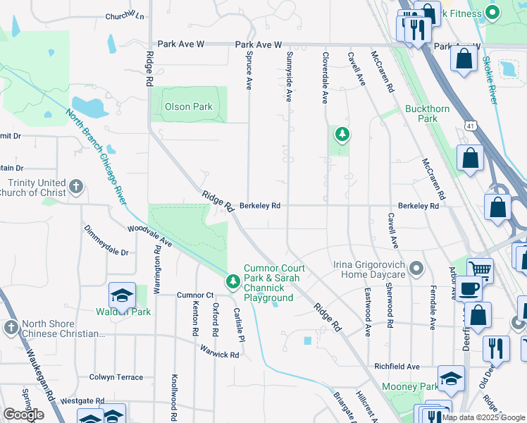 map of restaurants, bars, coffee shops, grocery stores, and more near 1950 Berkeley Road in Highland Park