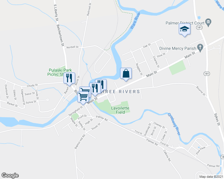 map of restaurants, bars, coffee shops, grocery stores, and more near 2094 Main Street in Palmer