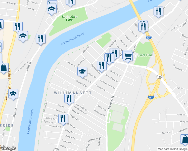 map of restaurants, bars, coffee shops, grocery stores, and more near 22 Artisan Street in Chicopee