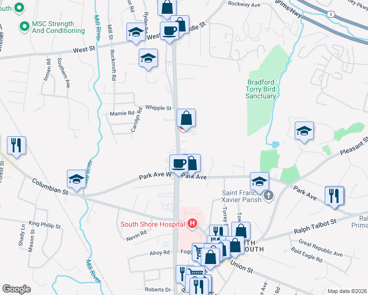 map of restaurants, bars, coffee shops, grocery stores, and more near 720 Main Street in Weymouth