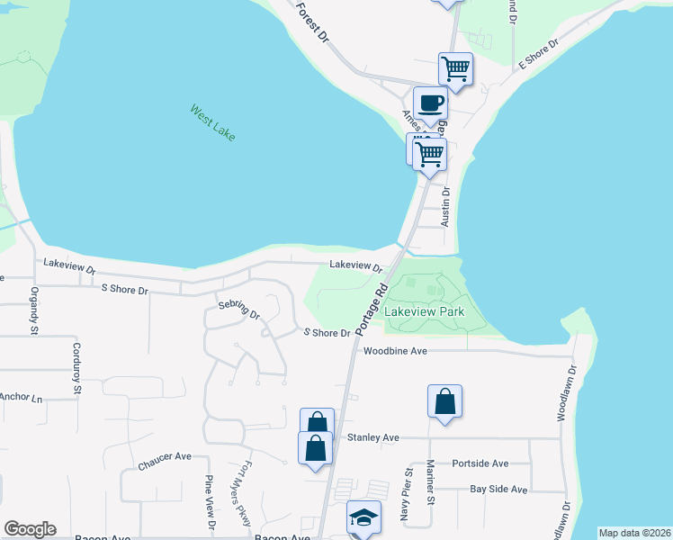 map of restaurants, bars, coffee shops, grocery stores, and more near 1849 Lakeview Drive in Portage