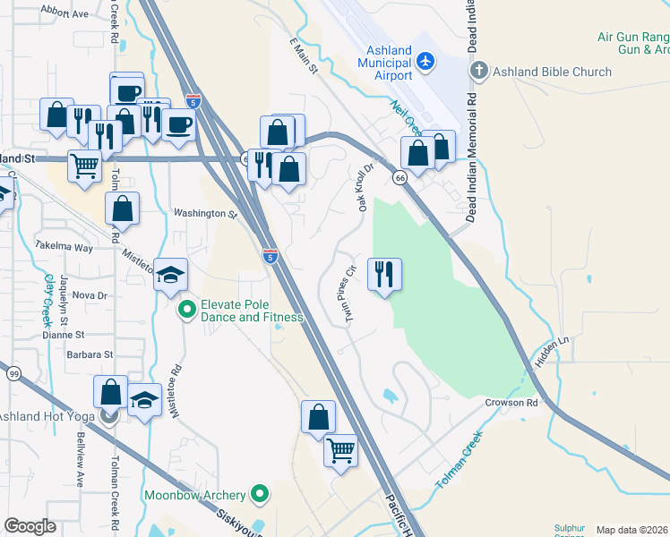 map of restaurants, bars, coffee shops, grocery stores, and more near 760 Oak Knoll Drive in Ashland