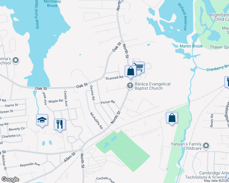 map of restaurants, bars, coffee shops, grocery stores, and more near 14 Brewster Road in Randolph
