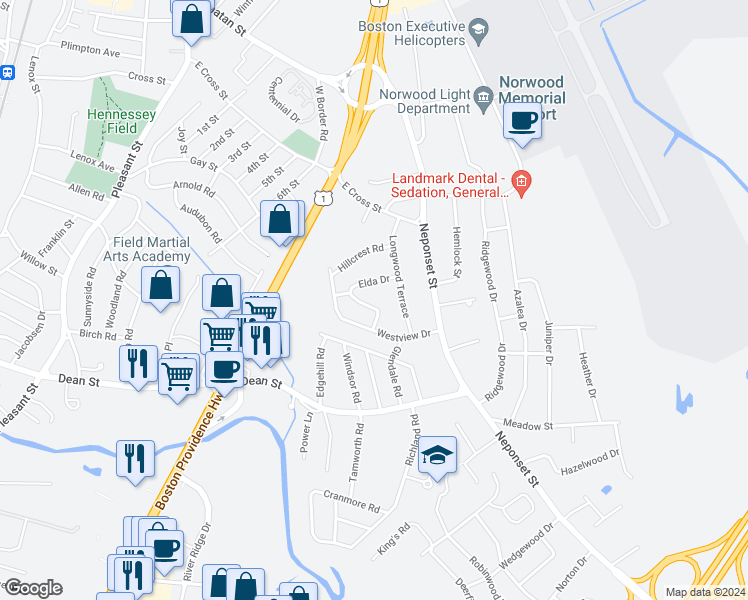 map of restaurants, bars, coffee shops, grocery stores, and more near 19 Orchard Lane in Norwood