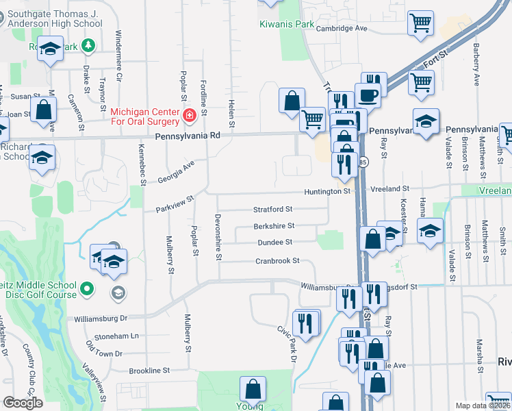 map of restaurants, bars, coffee shops, grocery stores, and more near 14160 Stratford Street in Riverview