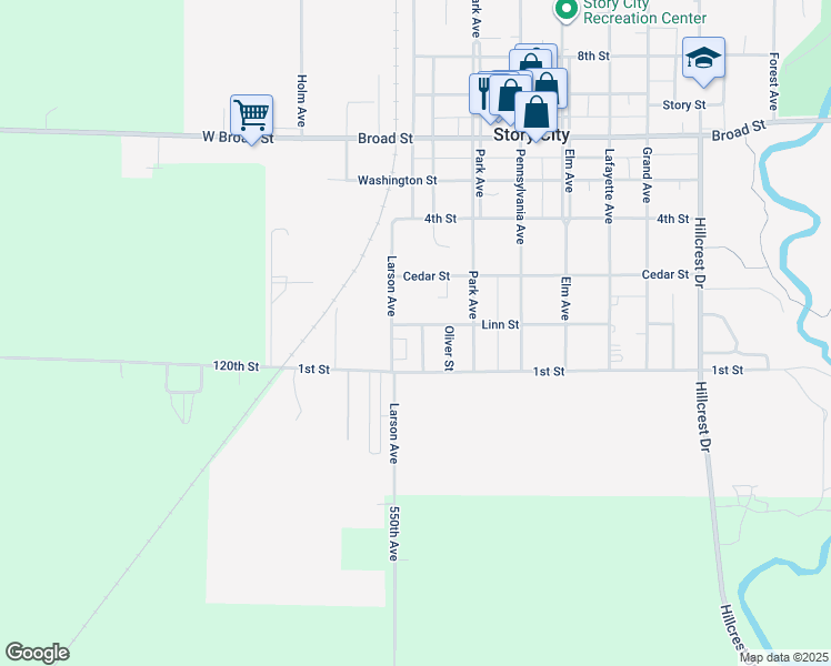 map of restaurants, bars, coffee shops, grocery stores, and more near 129 Hazel Avenue in Story City