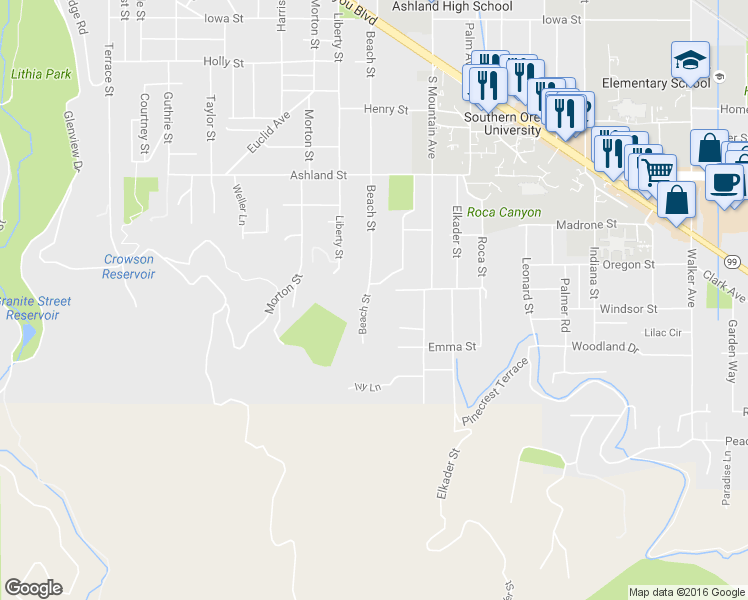 map of restaurants, bars, coffee shops, grocery stores, and more near 800 Beach Street in Ashland